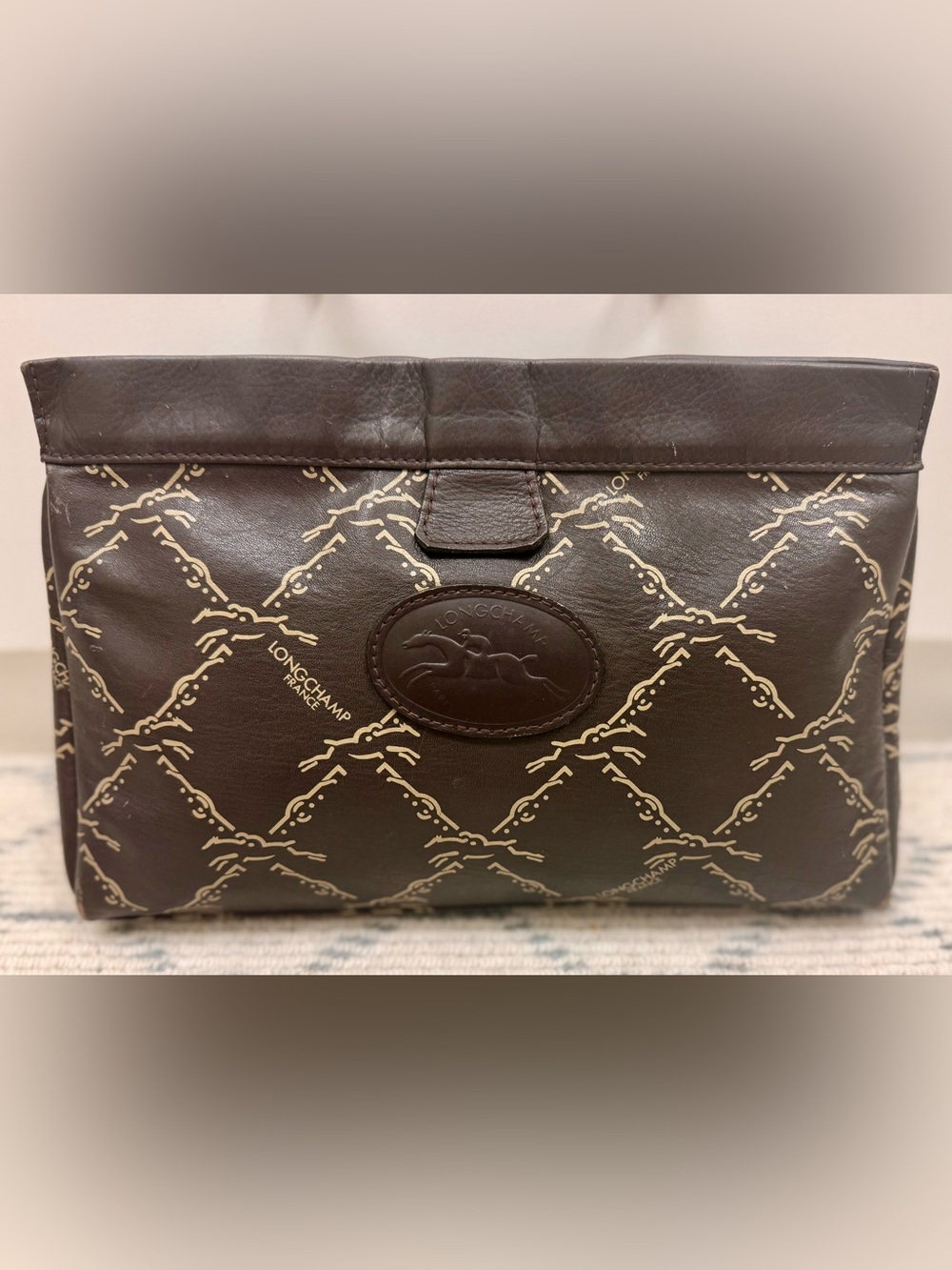 LONGCHAMP Vintage 80’s Unisex Brown Leather Monogram Pouch Clutch Made N France